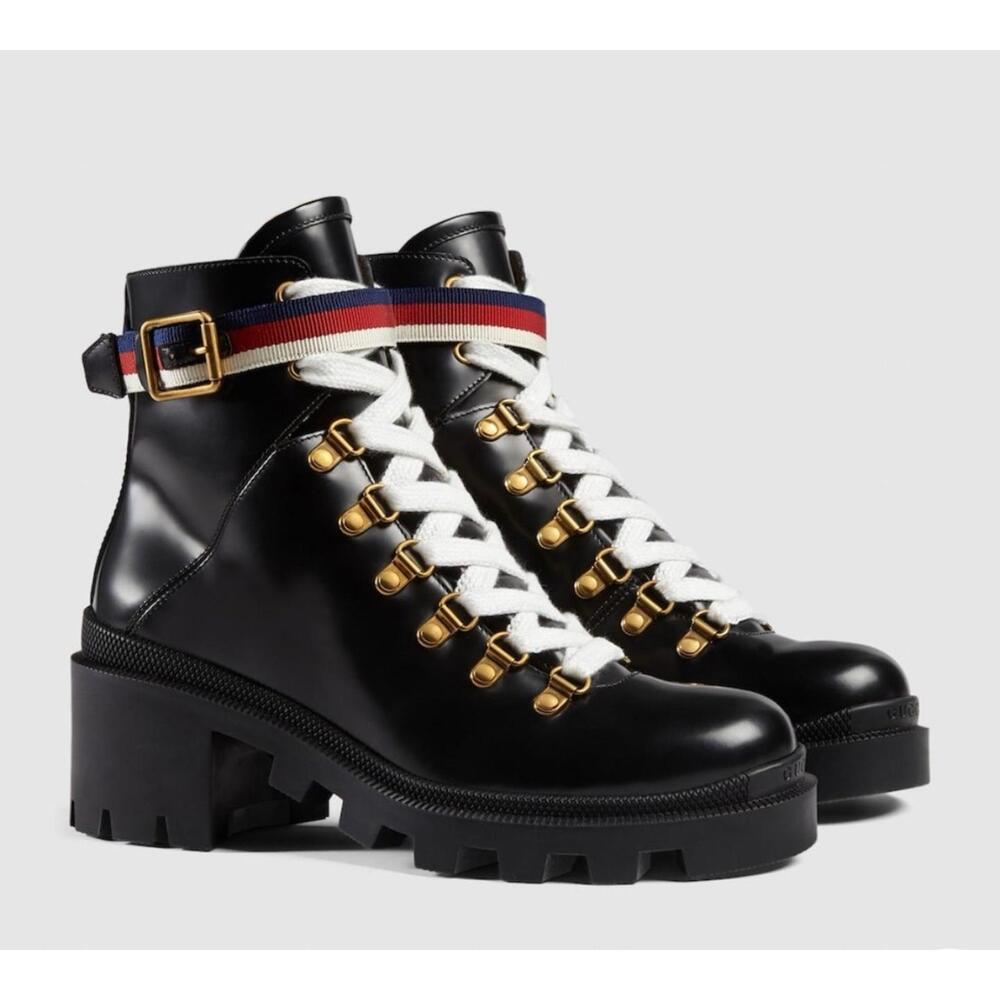 BNWT Gucci Calfskin Sylvie Web Lace Up 55MM Combat Boots Size 35 US 5 $1,550